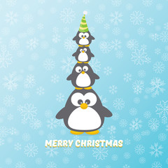 vector merry christmas card with penguins set on blue background with falling snowflakes. cartoon funny penguins