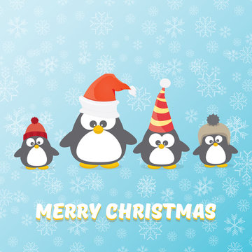 vector merry christmas card with penguins set on blue background with falling snowflakes. cartoon funny penguins
