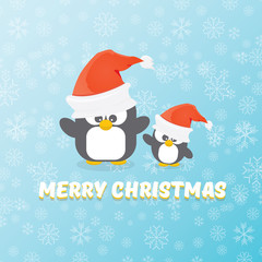 vector merry christmas card with penguins set on blue background with falling snowflakes. cartoon funny penguins