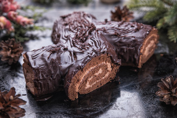 Chocolate yule log christmas cake. Traditional French Christmas dessert with Mocha cream. Fir-tree branches, cones and berries