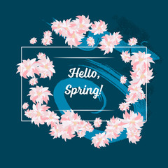 Hello Spring modern graphic design card with pink flowers, isolated vector - 184842044