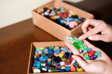 colorful sewing buttons in the hands, selection of the right buttons