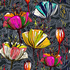 Obrazy na Szkle  Ręcznie rysowane ozdobne tulipany, bezszwowe wektor wzór