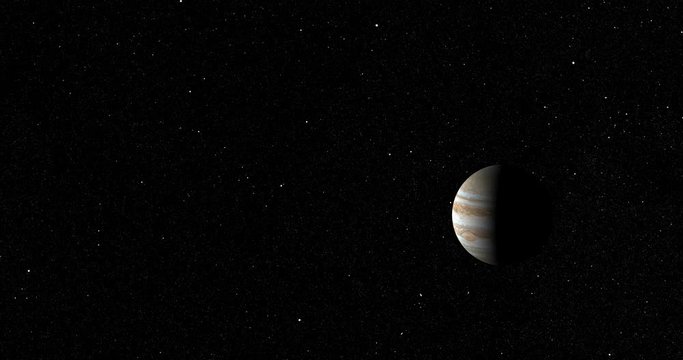 Straight-line dolly away from Jupiter. Accurate: star field does not recede. Reversible, can be rotated 180 degrees. Data: NASA/JPL