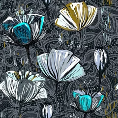 Foto op Canvas Hand drawn decorative tulips, seamless vector pattern © sunny_lion