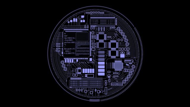 HUD Bitcoin digital cryptocurrency mining technological process in micro scheme.PNG alpha.HUD digital mining data interface.Futuristic technology template. Add text and combine with your video.