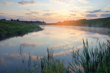 Fototapeta na wymiar Foggy summer landscape.River Krasivaya Mecha in Tula region,Russia. 