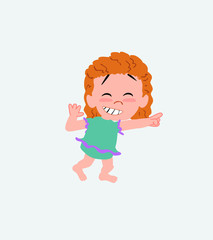 White girl in a swimsuit pointing to something funny on his left.