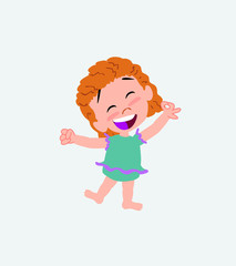 White girl in a swimsuit exulting in happiness