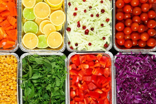 Top View Of Salad Bar With Assortment Of Ingredients