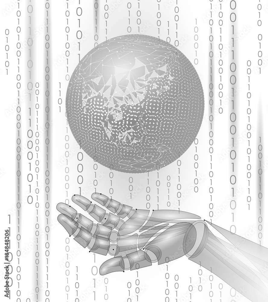 Poster robot android hand hold planet earth. low poly polygonal particle point line geometric shape. global