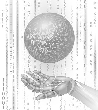 Robot android hand hold planet Earth. Low poly polygonal particle point line geometric shape. Globalization international save ecology future technology concept white binary code vector illustration
