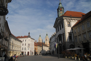 Mestni trg in old town of Ljubljana, Slovenia, with town hall and Cathedral of St. Nicholas