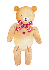 Small plush soft teddy bear toy decorated with red bow and red painted heart drawing. Symbol of love and affection. Hand drawn watercolor illustration, isolated on white background. Single object.