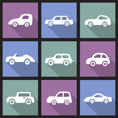 Set of 9 white square cartoon cars. Vector web and mobile transport icons in flat design. Template for style design. EPS 10