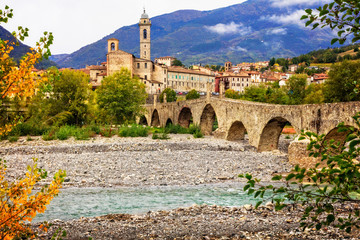 Bobbio - beautiful medieval town with impressive roman bridge, Italy - obrazy, fototapety, plakaty