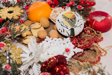 Christmas decorations,  New Year tree, holidays. Christmas postcard.