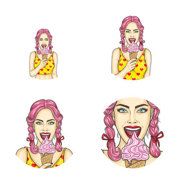 Set of vector pop art round avatar icons for users of social networking, blogs, profile icons. Young pin-up girl, teenager with pink hair holds a waffle cone with ice cream in her hand