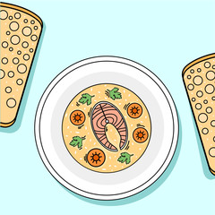 A plate of fish, carrot and greens soup