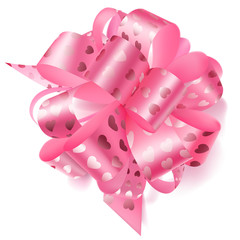 Beautiful big bow made of pink ribbon with small shiny hearts with shadow on white background