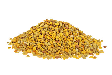 Bee pollen grains on a white background. Healthy natural medicine for influenza.