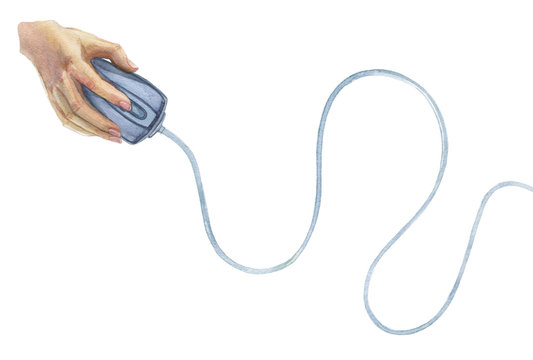 A female hand holds a computer mouse with a long wire. Isolated on white background