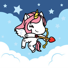 Vector illustration of Cute cartoon unicorn with cupid wing and arrows flying on the blue sky background ,flat design , sweet color for kids isolated vector objects , card for valentine's day