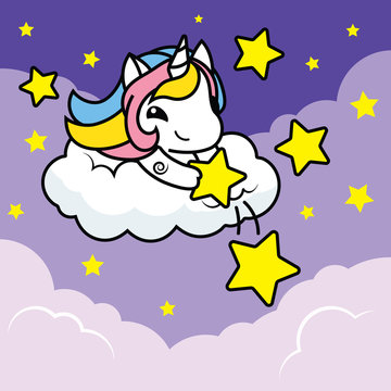 Vector illustration of Cute cartoon unicorn with cupid wings lay on cloud ,night background release yellow stars ,flat design , sweet color for kids isolated vector objects , card for valentine's day