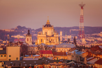 High view on the ancient cathedral in Lviv