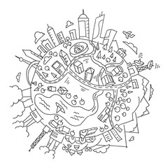 Round illustration world planet Earth. The city, the mountains the factories and buildings. Hand drawn vector stock outline illustration.