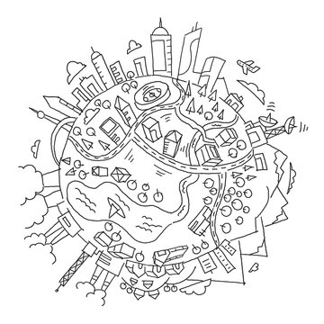 recommend clip art: Round illustration world planet Earth. The city, the mountains the factories and buildings. Hand drawn vector stock outline illustration.