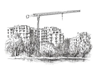 Graphic illustration of a new building with a crane. Vector graphic black and white illustration. City landscape with a new building - 184854853