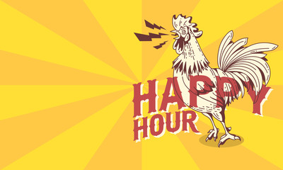 Happy Hour Vintage Influenced Poster Design With Crowing Rooster Drawing.