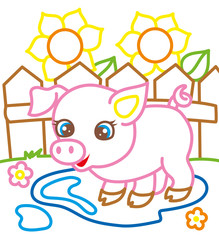 Coloring Book Of Pig Near Sunflowers
