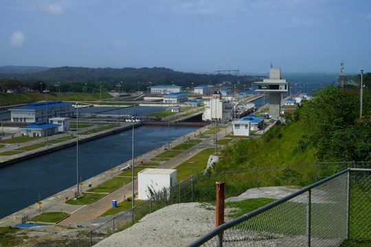 Agua Clara locks of Panama Canal, Panama with passing ship