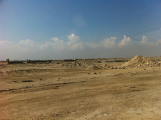 desert, road, outpost, rubble, ruins, blue sky, clouds, isolation