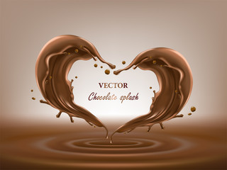 Vector 3D illustration of two melted, liquid chocolate splashes in a realistic style. Abstract heart shape for mockup of your product. Template for package desing, promotion flyer, poster, banner