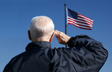 An American veteran salutes the American flag. - obrazy, fototapety, plakaty