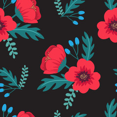 Élégant motif floral sans couture coloré avec des coquelicots rouges et des fleurs sauvages sur fond noir. Petit imprimé. Illustration vectorielle