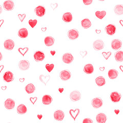 Seamless cute romantic pattern. Red hearts and dots background.