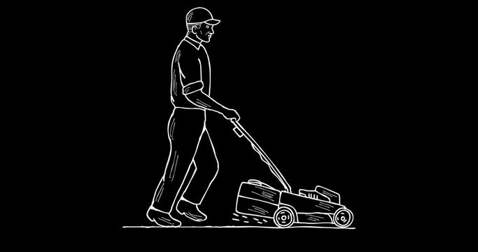 2d Animation motion graphics showing a gardener pushing a lawn mower mowing lawn side on white screen, green screen with alpha matte in 4k ultra-high-definition.