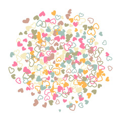 Colorful background with heart confetti. Valentine's day greeting card or wedding background party design. Flat style vector illustration with heart doodles confetti love symbols in pastel colors.