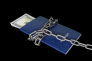 passport with money wrapped around a chain