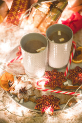 Hot chocolate drink with biscuits under the christmas tree