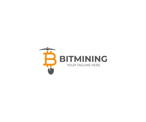 Bitcoin Mining Logo Template. Cryptocurrency Vector Design. Mining Tools Illustration