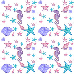 watercolor nautical pattern with seahorse