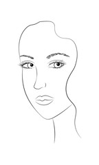 Black and white portrait of a young beautiful woman close-up. The face of a young girl. The face is half a turn. A girl with big eyes, puffy lips. Template for colouring. Vector EPS 10