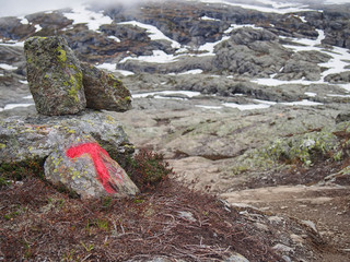 Fototapeta na wymiar Cairn used as Trolltunga (Troll tongue) trail marker