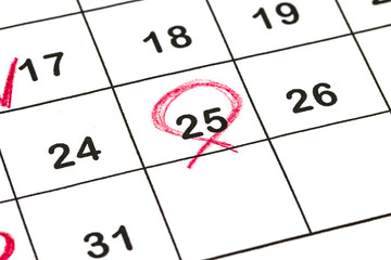 Sheet of wall calendar with red mark on 25 december - Christmas