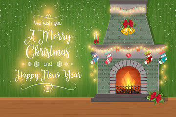 Postcard with a festive fireplace. Happy New Year and Merry Christmas